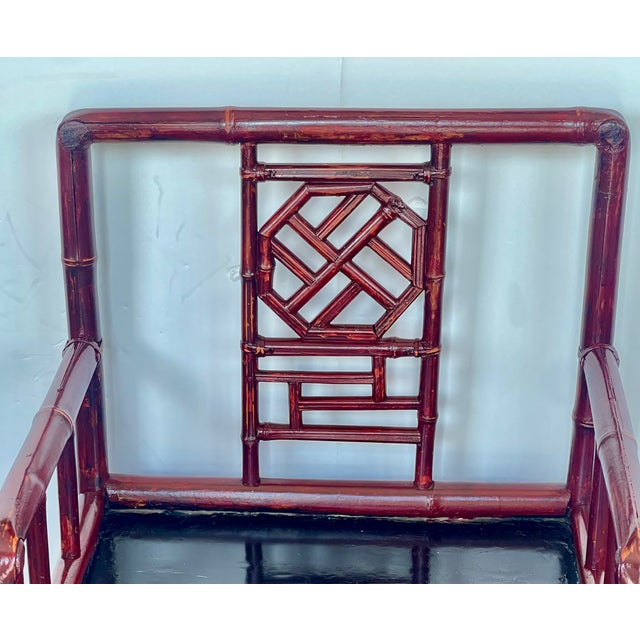 Antique Qing Dynasty Chinoiserie Fretwork Bamboo Rose Chairs a-Pair For Sale - Image 9 of 17