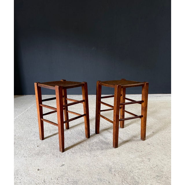 Vintage French Country Style Design Bistro Stool set of 2. Made in France, 1920's - 30's period. Ladder base in oak with...