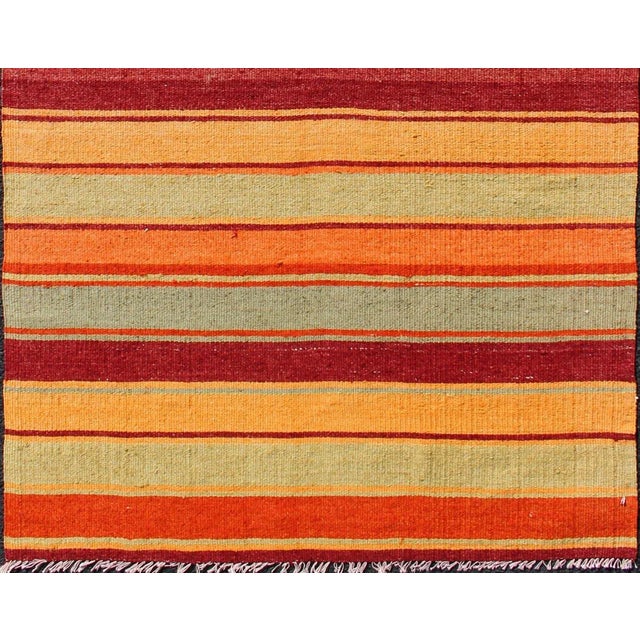 Tribal Vintage Turkish Kilim Rug in Red, Orange, Gold, and Sage Green Striped Pattern For Sale - Image 3 of 9