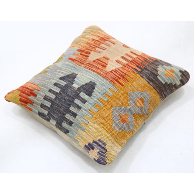 Tribal Arteverk Handwoven Afghan Kilim Pillow — Orange & Gray Tribal Motif For Sale - Image 3 of 3