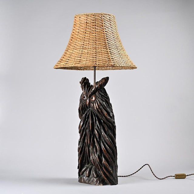 Carved Wood Owl Table Lamp from Beal, 1970s, in Good conditions. Designed 1970 to 1979 European Plug (up to 250V).The...