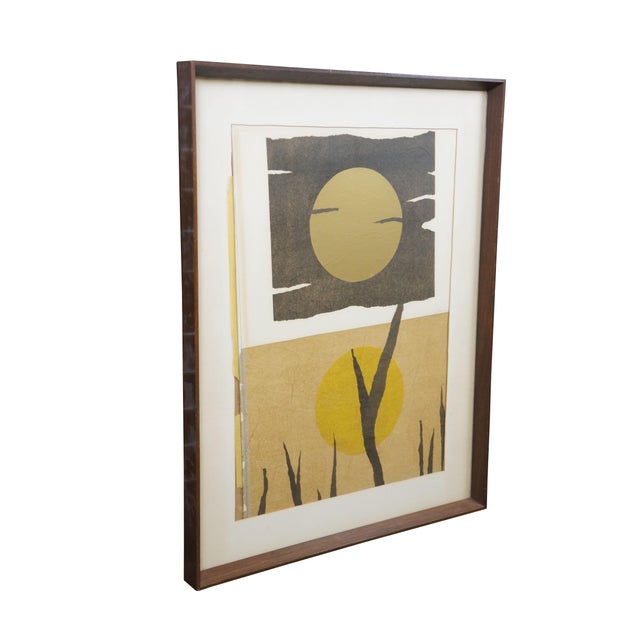Vintage 20th century modern abstract screen print artwork showing the sun and moon silhouetted against clouds and trees....