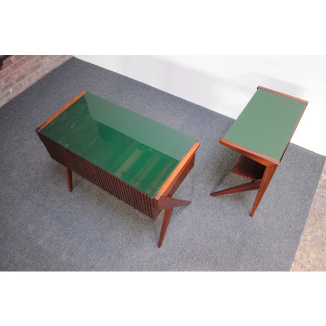 1950s Silvio Cavatorta Diminutive Desk With Companion Table in Walnut and Green Glass For Sale - Image 5 of 12