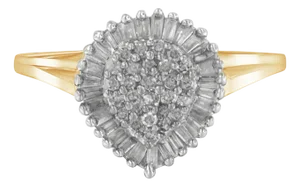 10K Yellow Gold 1/2 Cttw Round & Baguette Cut Diamond Pear Shaped Domed Pav�� Cluster with Halo Cocktail Ring (J-K Color, I1-I2 Clarity) - Size 7-1/4