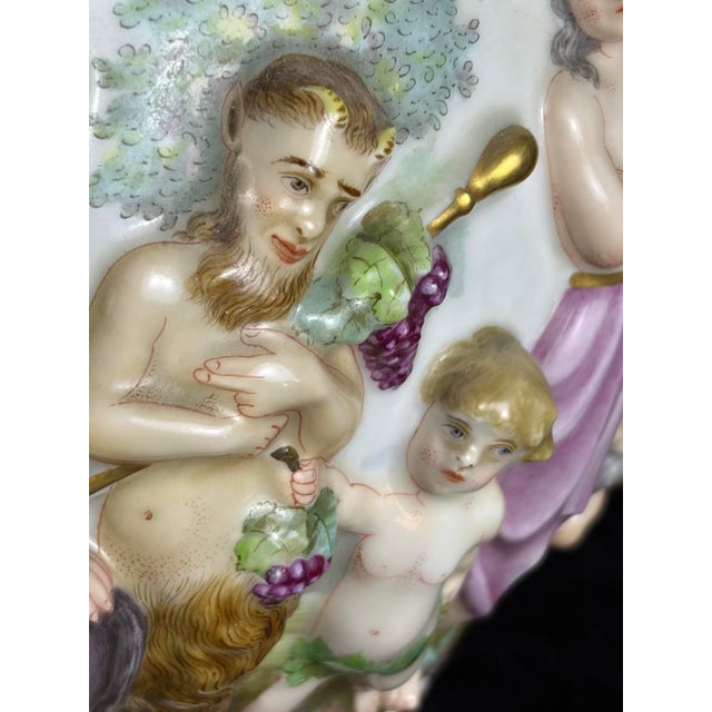 Mid 20th Century Vintage Italian Capodimonte Porcelain Table Lamp With Custom Fringe Shade - Mythological Bas Relief For Sale - Image 5 of 13