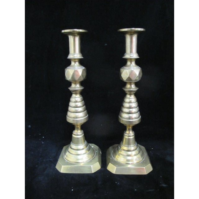 English Antique English Brass Beehive & Diamond 14" Candle Holder Candlesticks For Sale - Image 3 of 10