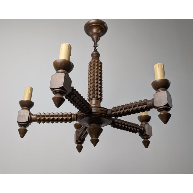 French Brutalist Carved Wood Chandelier by Charles Dudouyt, 1940s For Sale - Image 15 of 15