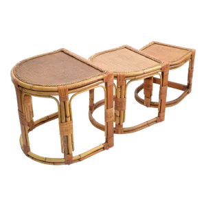 Vintage Semi-Circle Bamboo & Cane Nesting Tables / Stacking Tables Handcrafted, Set of 3