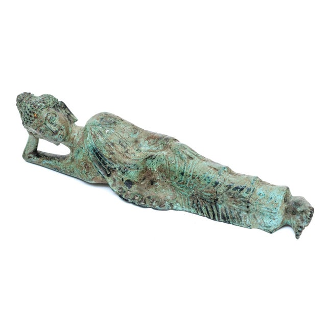 Thai Bronze Reclining Buddha Sculpture With Verdigris Patina For Sale - Image 10 of 10