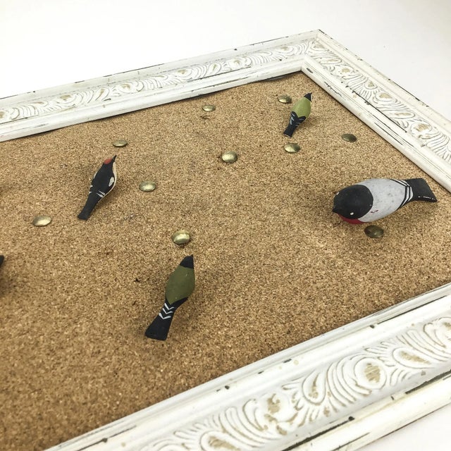 Wood Vintage Framed Cork-Board Wood Bird Thumbtacks For Sale - Image 7 of 9