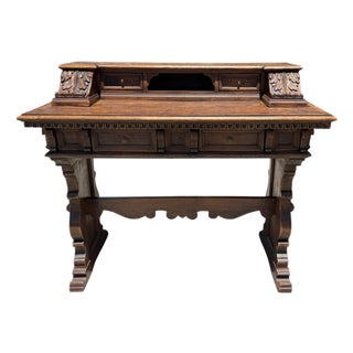 Antique Spanish Colonial Carved Walnut House Trestle Writing Desk For Sale