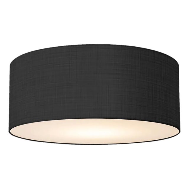 Stretch Flush Mount, Black Linen Shade, Weathered Brass For Sale