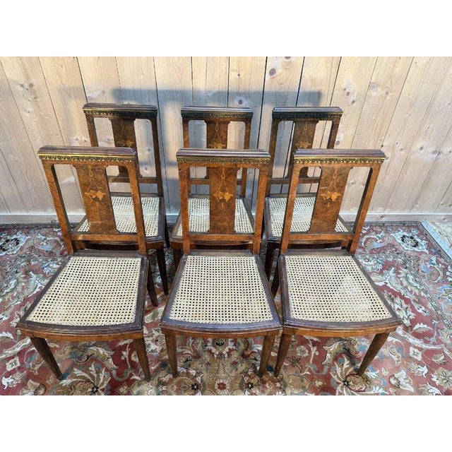 Art Deco Chairs in Marquetry and Caning, Set of 6 For Sale - Image 3 of 11