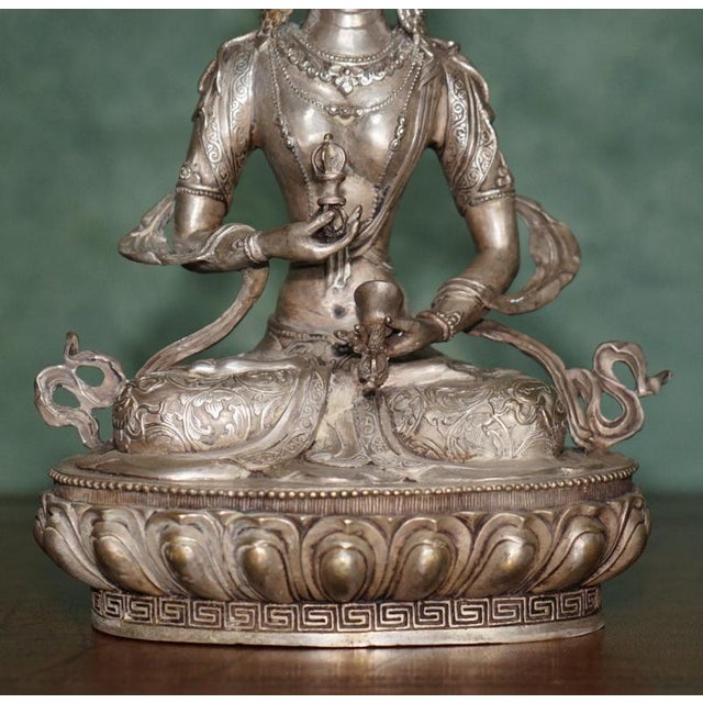 Tibetan Silvered Metal Buddhist Deity Figure Statue on Lotus Base For Sale - Image 3 of 18
