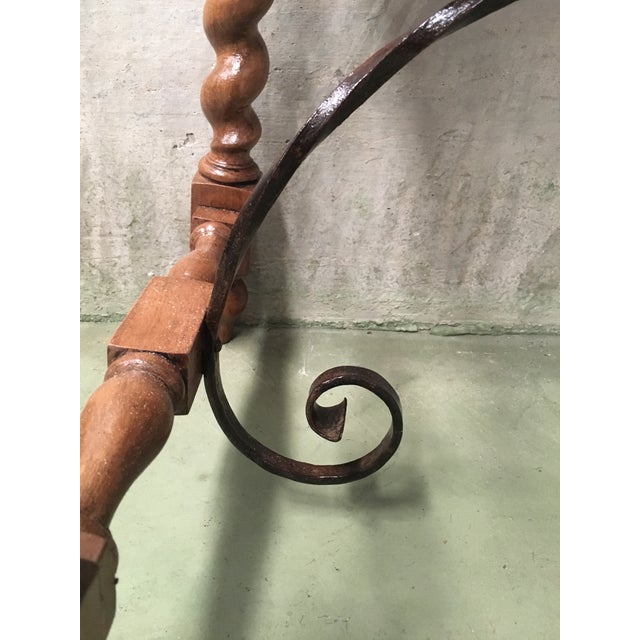 19th Spanish Farm Table With Iron Stretchers, Hand-Carved Top and Drawer For Sale - Image 12 of 13