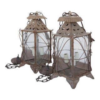 Pair of Antique French Tôle and Glass Lanterns For Sale