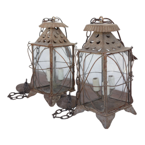Pair of Antique French Tôle and Glass Lanterns