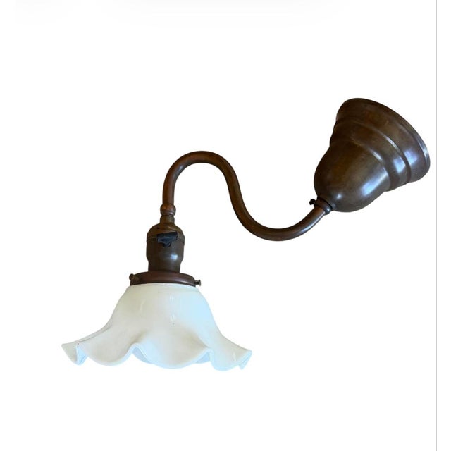 Brass Rare Antique Brass and Wavy Milk Glass Wall Sconces - A Pair For Sale - Image 8 of 8