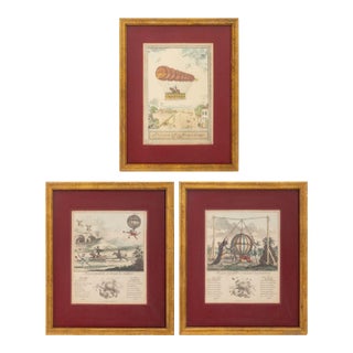 French Ballooning Hand-Colored Etchings, 3 For Sale