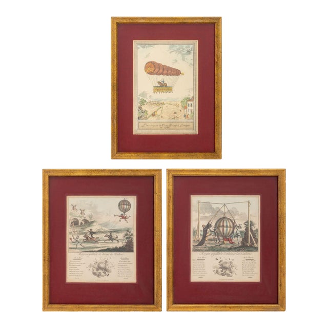 French Ballooning Hand-Colored Etchings, 3 For Sale