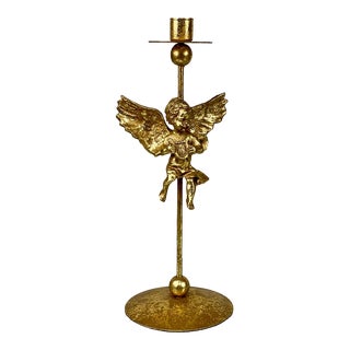 Vintage Hollywood Regency Gold Cherub Angel Candlestick Holder For Sale