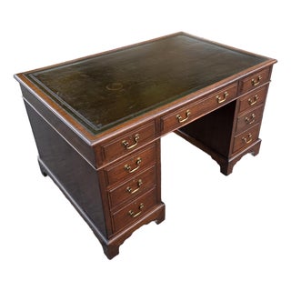 Antique Early 19th Century English Georgian Mahogany Partners' Desk With Green Leather Writing Surface, [54"w X 35.5"d X 30.5"h] For Sale
