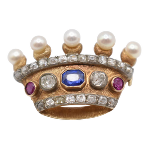 Antique Pearl, Ruby, Sapphire and Diamond Crown Brooch