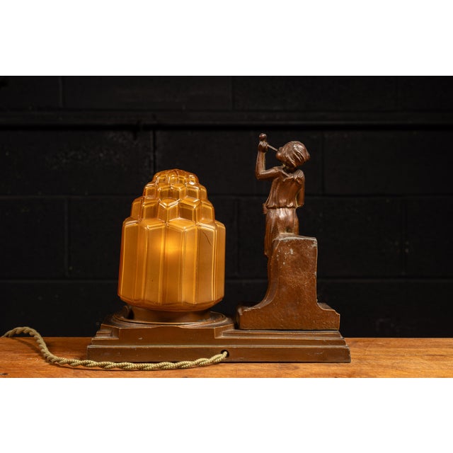 1930s Frankart Art Deco Figural Amber Glass Lamp For Sale - Image 4 of 9