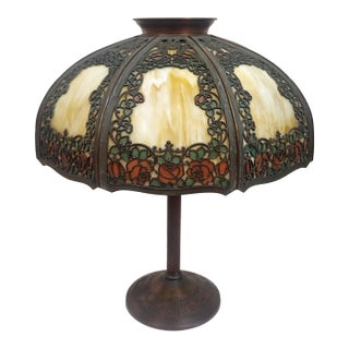Antique Bronze Rose Overlay & Stained Slag Glass Table Lamp #559 by Handel For Sale