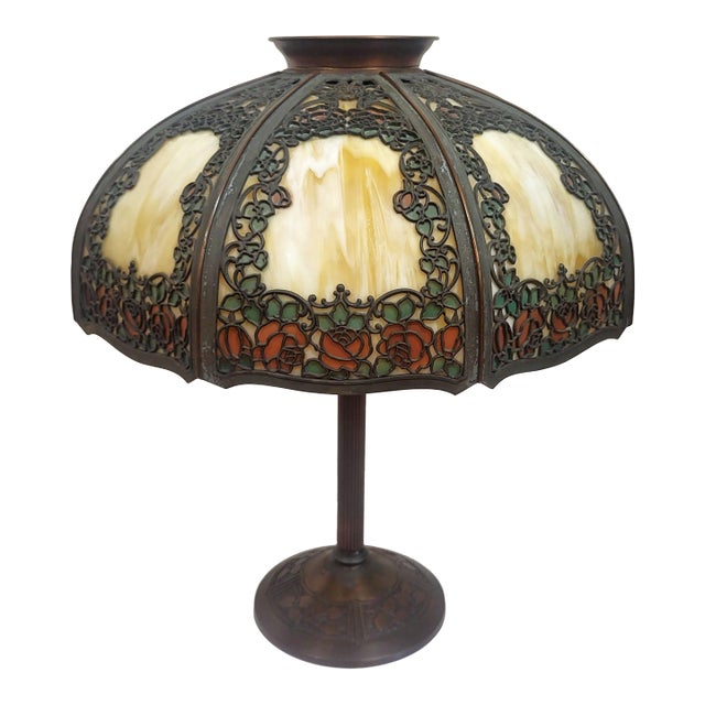 Antique Bronze Rose Overlay & Stained Slag Glass Table Lamp #559 by Handel For Sale
