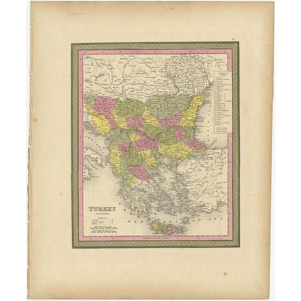 Antique map titled 'Turkey in Europe'. Old map of Turkey in Europe. This map originates from 'A New Universal Atlas...