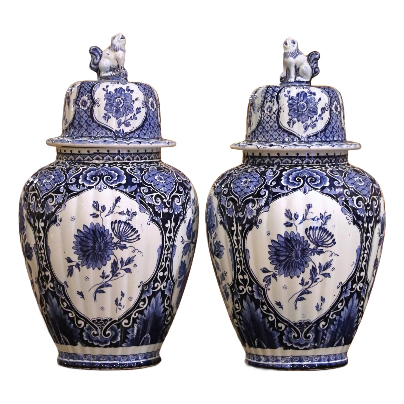 Pair of Mid 20th Century Blue and White Royal Sphinx Delft Ginger Jars ...