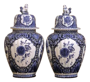 Pair of Mid 20th Century Blue and White Royal Sphinx Delft Ginger Jars With Foo Dog Lids