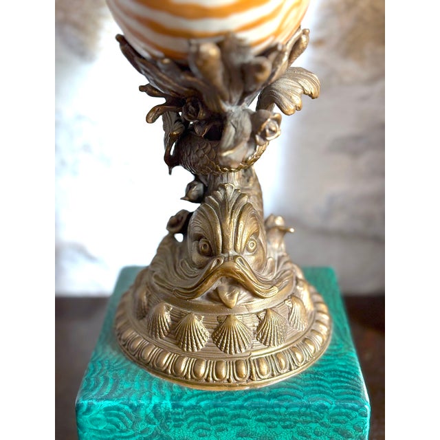 Nautical Mid 20th Century Porcelain Nautilus Shell Cup on Figural Brass Mount With Malachite-Style Base For Sale - Image 3 of 4