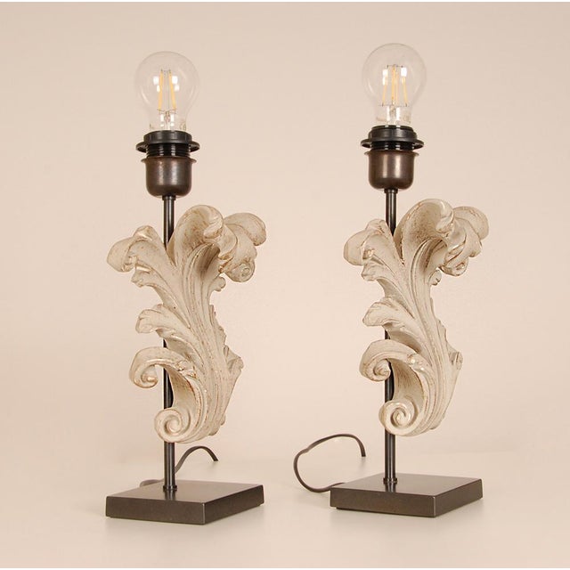 Wood Vintage Table Lamps French Country Taupe Carved Wood Acanthus Leaf Tariff Free Delivery - A Pair For Sale - Image 7 of 12