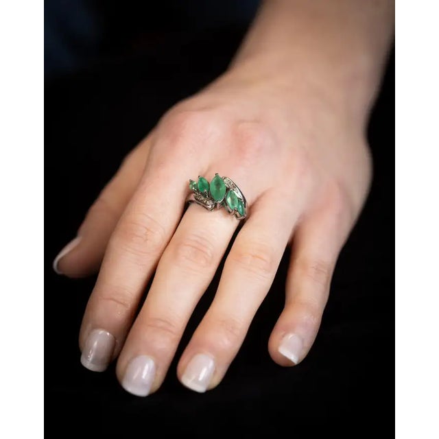 Marquise Emerald and Diamond Cluster Ring, Size 7 For Sale - Image 4 of 4