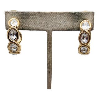 Vintage Signed Napier Goldtone Oval Clear Rhinestone Hoop Pierced Earrings-2 Pieces For Sale