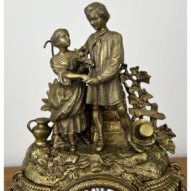 Metal Vintage Brass Figurine Mantel Clock For Sale - Image 7 of 18