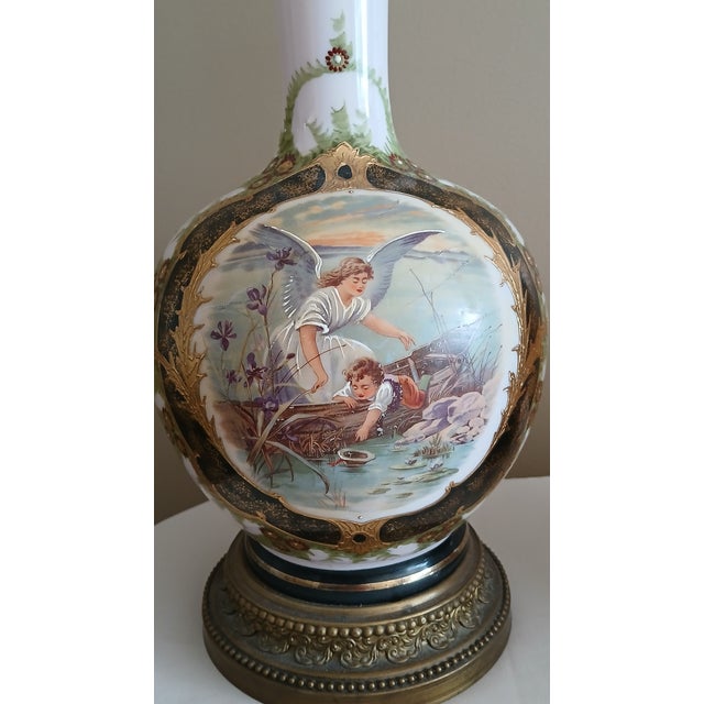 Metal Angel & Child Antique Opaline Hand Painted, Gilt, and Bronze Lamp -a Pair For Sale - Image 7 of 16