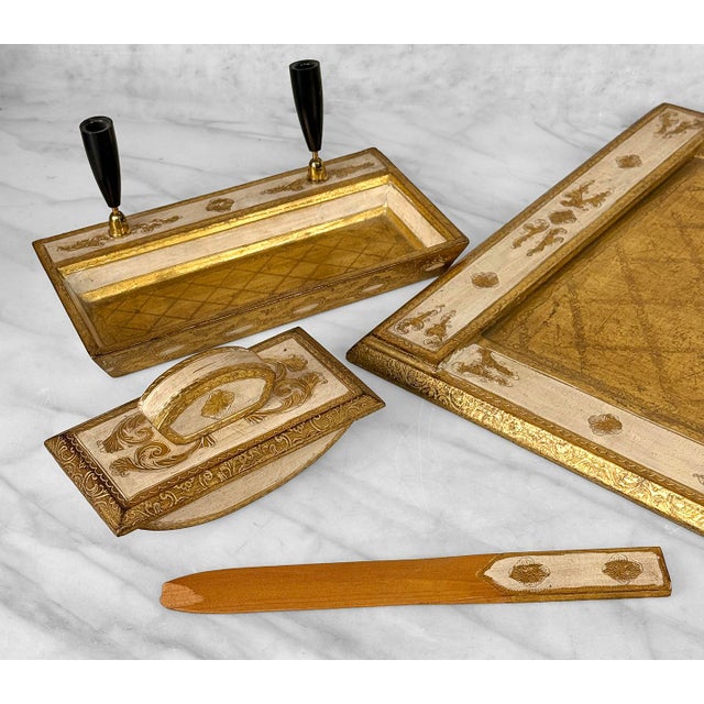 1970s Vintage Italian Rococo Gold Gilt Library Pen Holder Desk Set For Sale - Image 5 of 10