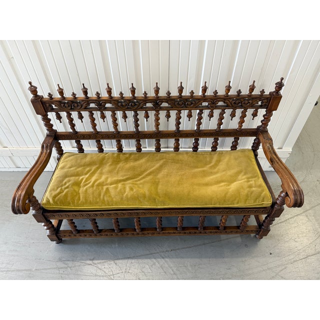 Renaissance Revival Walnut Spindle-Back Settee With Velvet Cushion, 19th Century For Sale - Image 9 of 9
