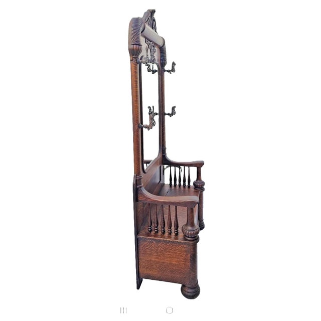 Victorian Monumental Antique American Tiger Oak Hall Tree With Mirror & Lift-Top Seat, C. 1890s For Sale - Image 3 of 18