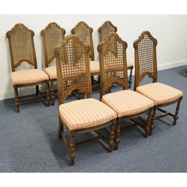 Gothic Set of 7 Antique Vintage Solid Walnut Rustic European Style Cane Back Dining Side Chairs For Sale - Image 3 of 13