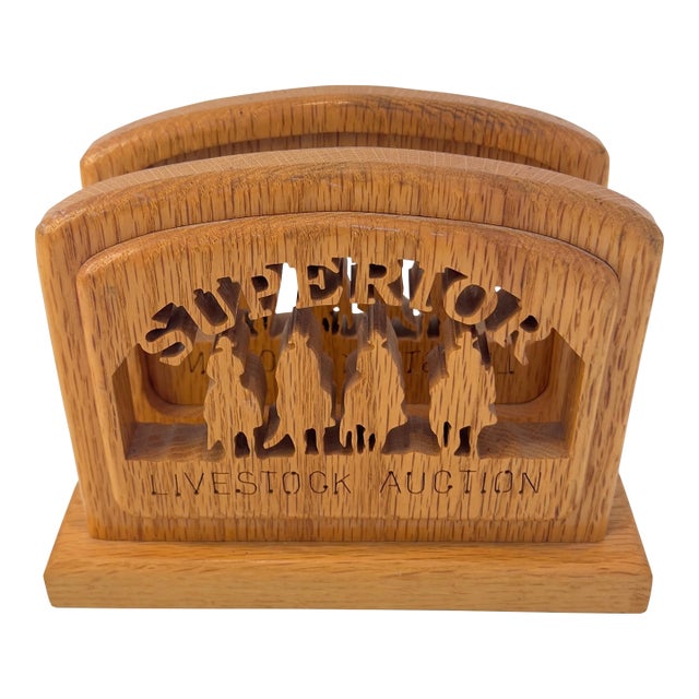 Vintage Western "Superior Livestock Auction" Texas Cowboys Horses Ranching Silhouette Laser Cut Solid Oak Napkin Holder For Sale