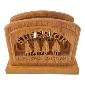 Vintage Western "Superior Livestock Auction" Texas Cowboys Horses Ranching Silhouette Laser Cut Solid Oak Napkin Holder