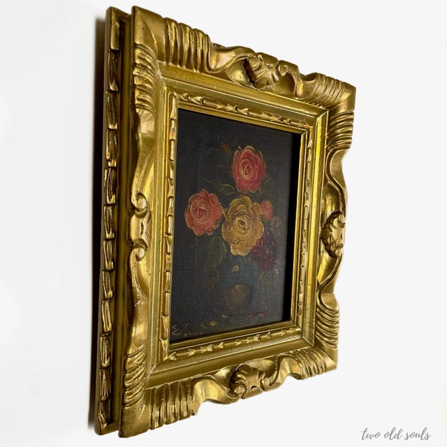 Wood Vintage Floral Painting With Dark Background in Gold Frame For Sale - Image 7 of 12