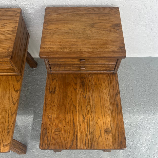 Rustic Vintage Brandt Furniture Ranch Oak Step Tables With Draws For Sale - Image 3 of 11
