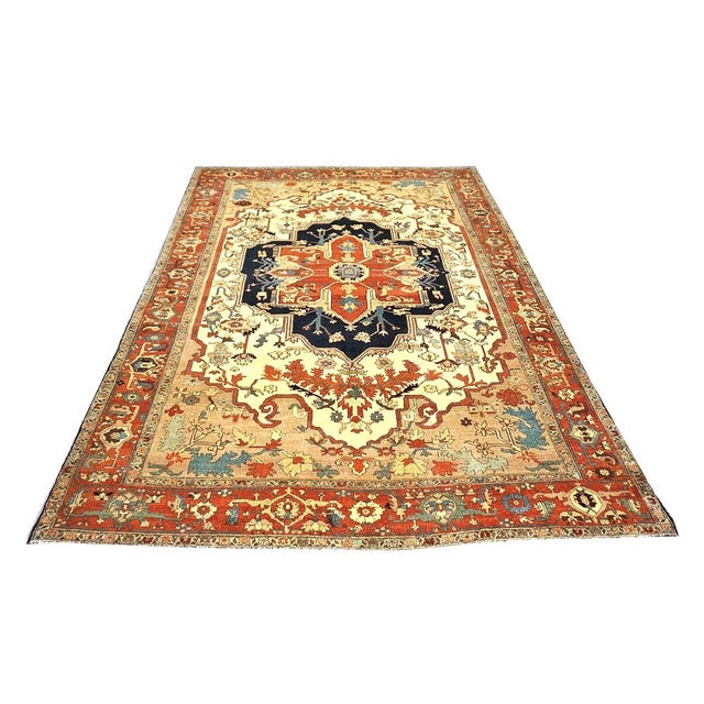 Persian Serapi Wool 7x11 Rust, Navy, Tan, & Ivory Handmade Area Rug #9902841 For Sale - Image 4 of 12