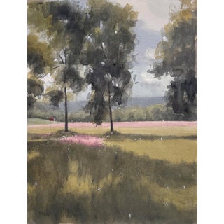 Fields of Pink by Mo Myra | Watercolor on paper landscape with pink fields and trees For Sale