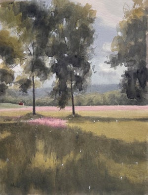 Fields of Pink by Mo Myra | Watercolor on paper landscape with pink fields and trees